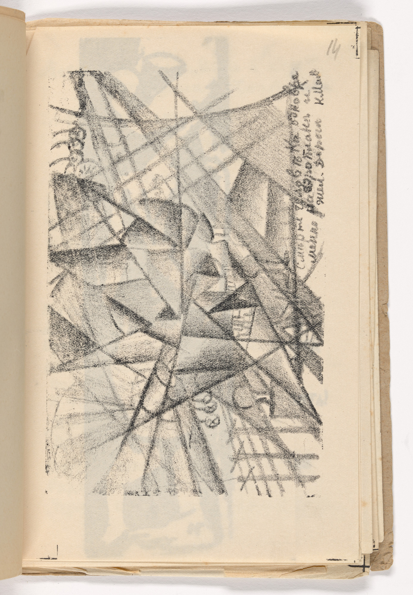 Kazimir Malevich. Simultaneous Death of a Man in an Airplane and on the Railroad (plate, folio 15) from Vzorval' ( Explodity )