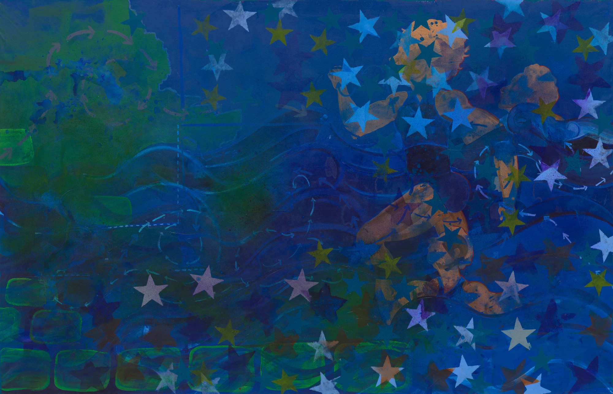 The image has a blue background with various star shapes in white, blue, and green scattered across. There are also faint silhouette forms of two figures in the center, partially obscured by the stars. This is an AI generated description. To give feedback, email ai@moma.org.