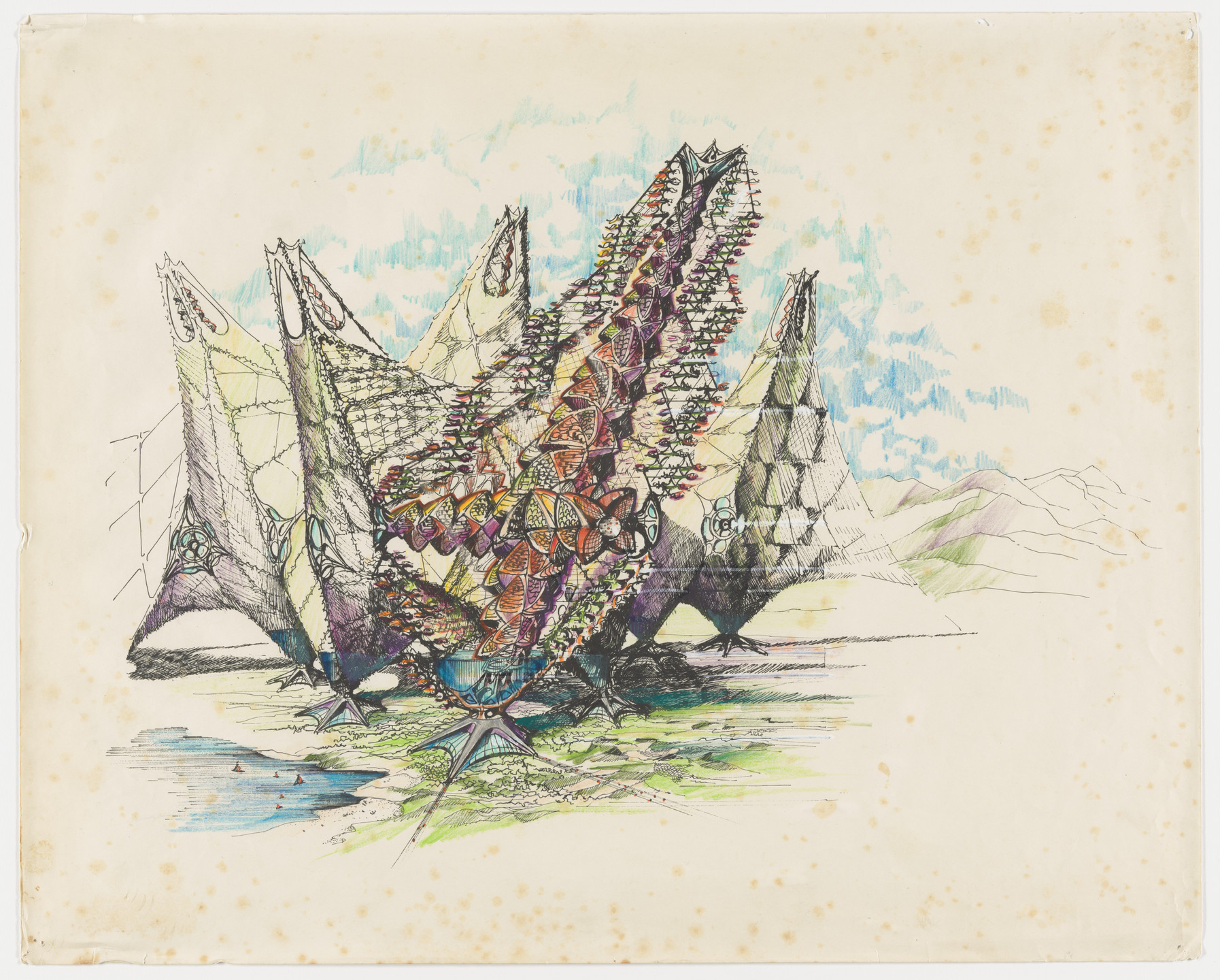Glen Howard Small. Biomorphic Biosphere project (Cross section elevation of the mature structure reaching 5,000 to 8,000 feet). c. 1972