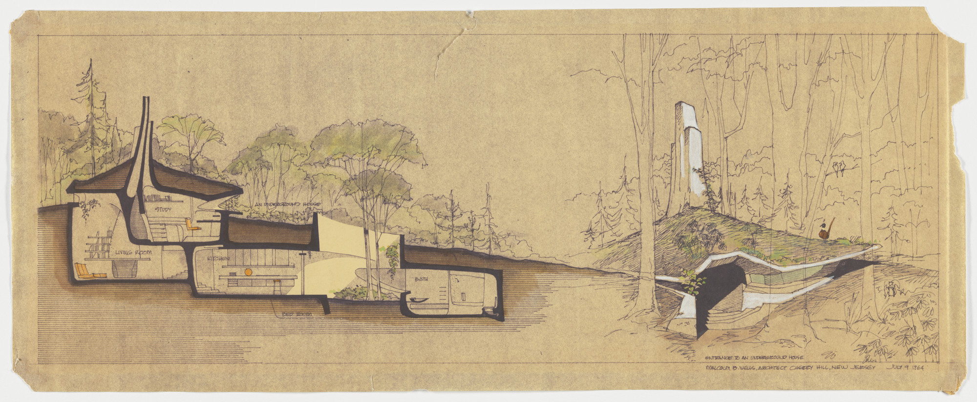 Malcolm Wells. Untitled (from &#34;Nowhere to Go but Down,&#34; Progressive Architecture, February 1965) (Section of an underground house). 1964