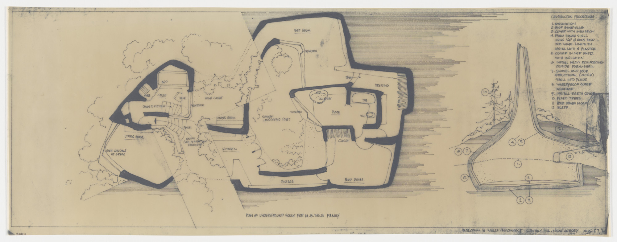 Malcolm Wells. Untitled (from &#34;Nowhere to Go but Down,&#34; Progressive Architecture, February 1965) (Plan of an underground house). 1964
