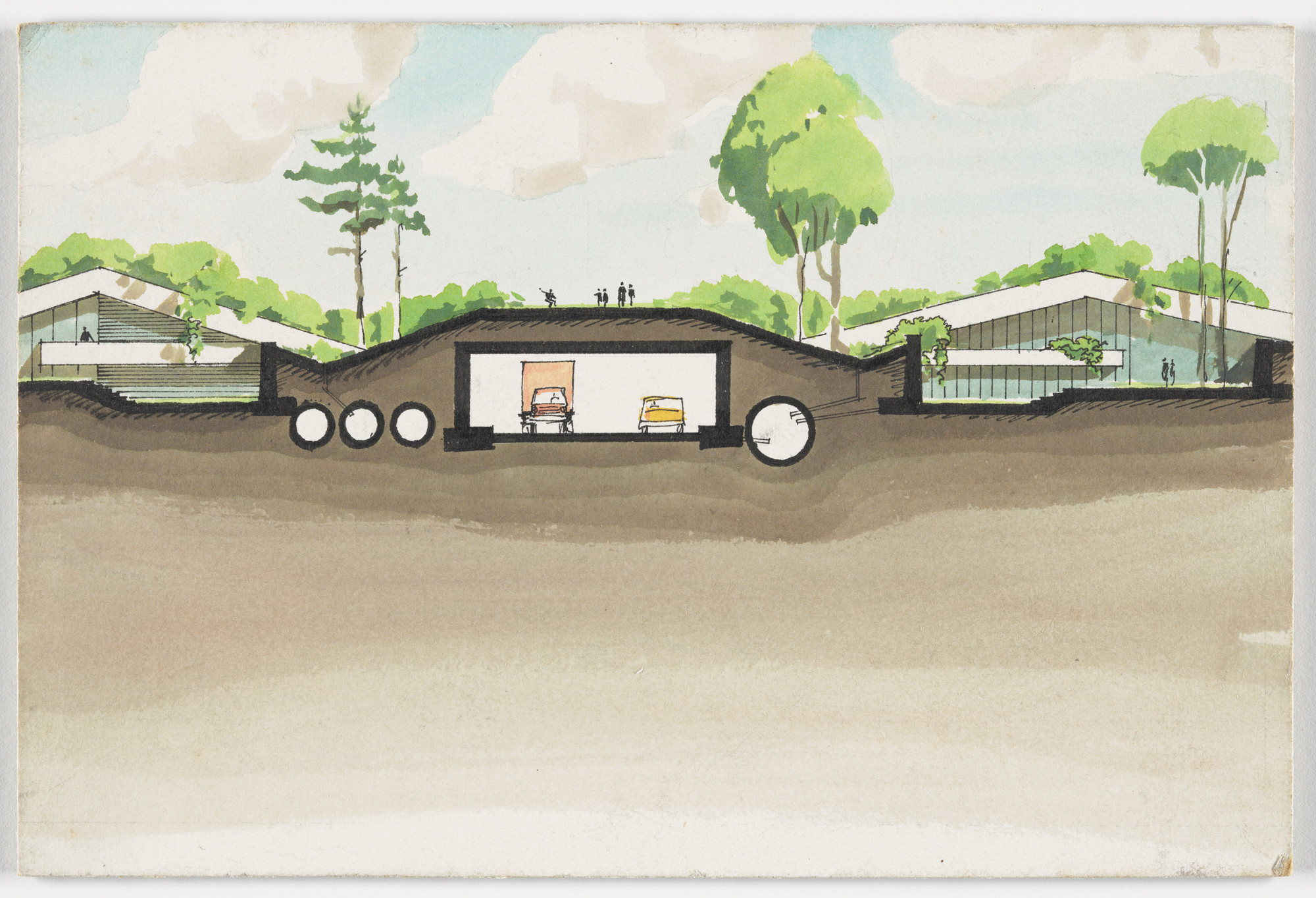 Malcolm Wells. Earth-sheltered suburb project (Section). c. 1965