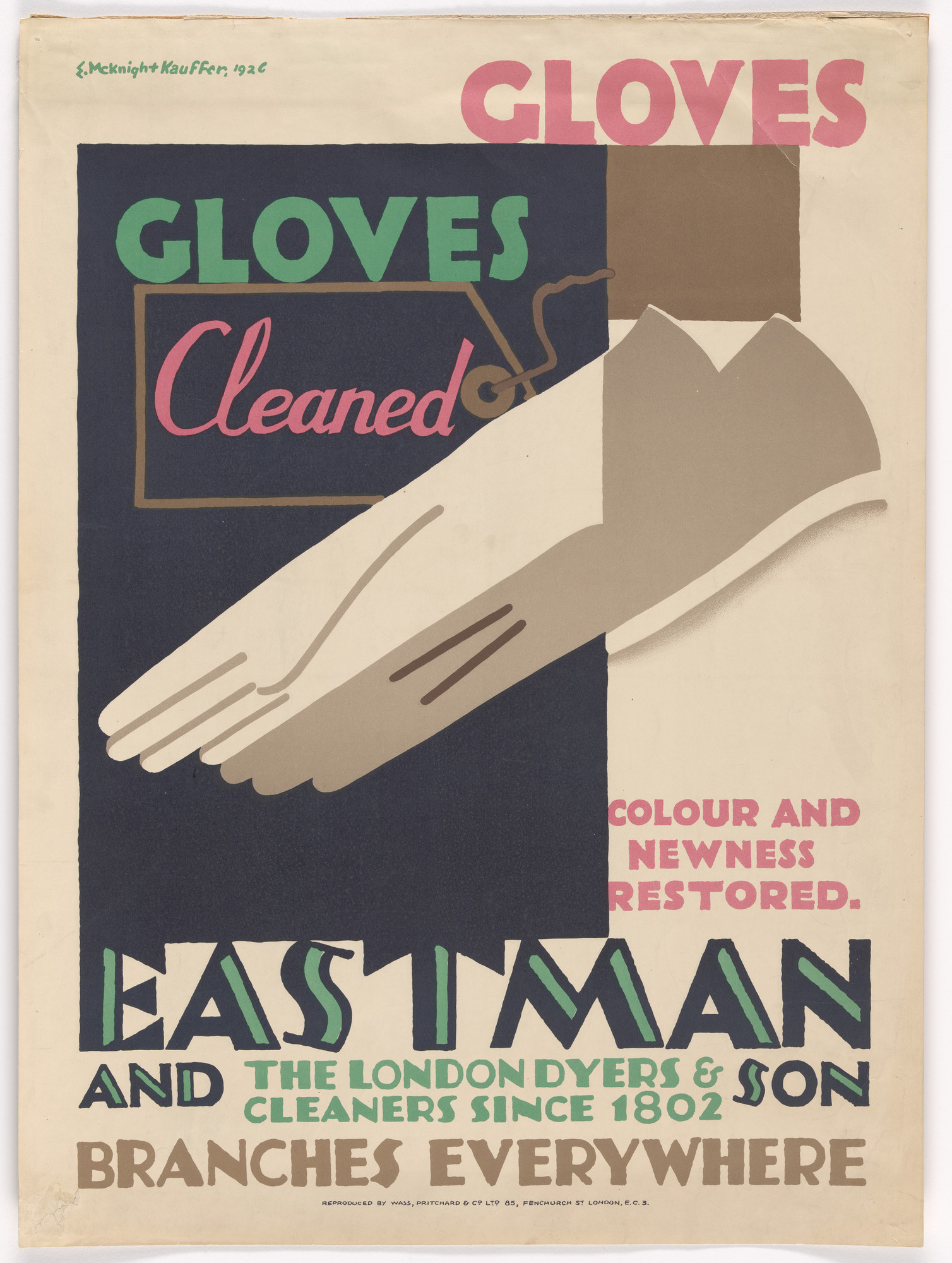 E. McKnight Kauffer. Gloves, Gloves Cleaned, Colour and Newness Restored, Eastman and Son, The London Dyers & Cleaners since 1802, Branches Everywhere