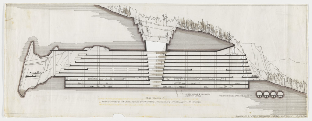 Untitled (from "Nowhere to Go but Down," Progressive Architecture, February 1965) (Section of an underground multi-use housing complex)