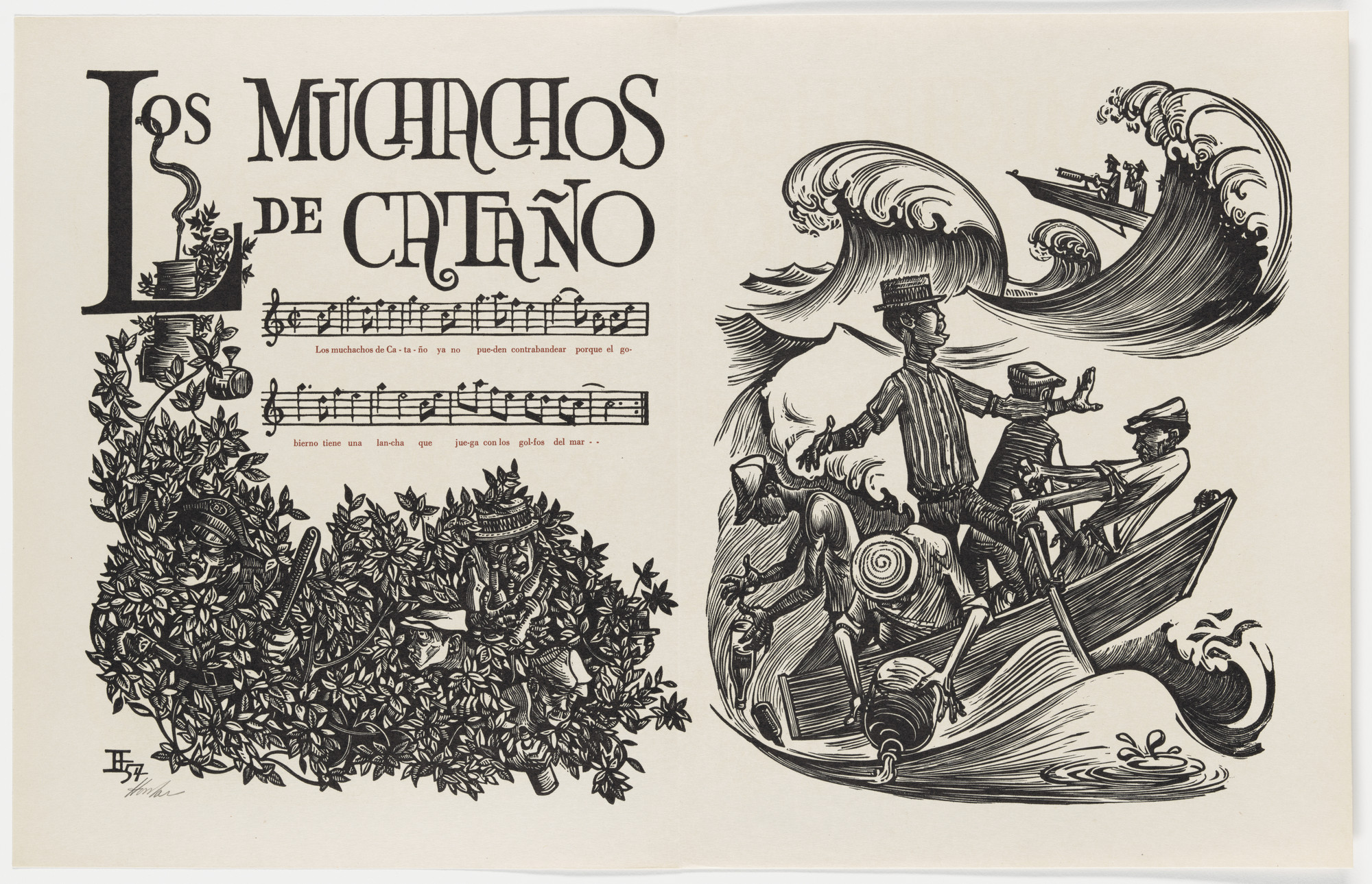 Lorenzo Homar. Los Muchachos de Cataño (The Boys of Cataño) (double page in-text plate, folios 17 verso and 18) from Plenas. 1954, published 1955