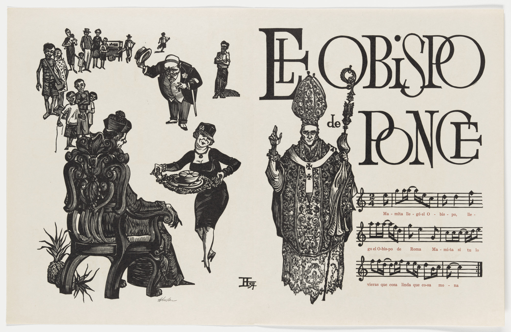 Lorenzo Homar. El Obispo de Ponce (The Bishop of Ponce) (double page in-text plate, folios 5 verso and 6) from Plenas. 1954, published 1955