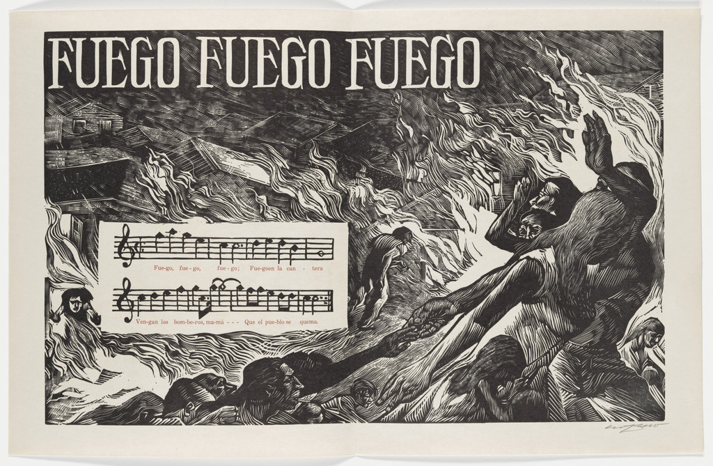 Fuego Fuego Fuego (Fire Fire Fire) (double page in-text plate, folios 27 verso and 28) from Plenas