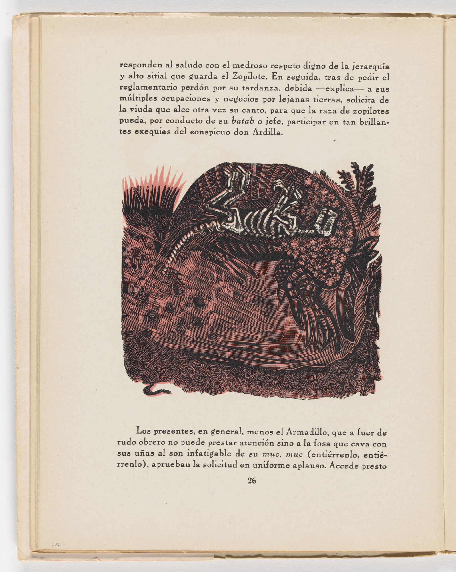Leopoldo Méndez. El armadillo cumple su tarea (in-text plate, page 26) from the illustrated book Incidentes melódicos del mundo irracional (Melodic Incidents of the Irrational World)