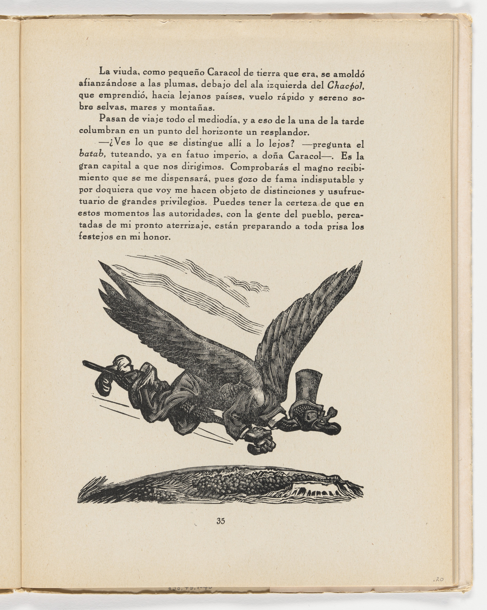 Leopoldo Méndez. La viuda se amoldó debajo del ala del chacpol (tailpiece, page 35) from the illustrated book Incidentes melódicos del mundo irracional (Melodic Incidents of the Irrational World)