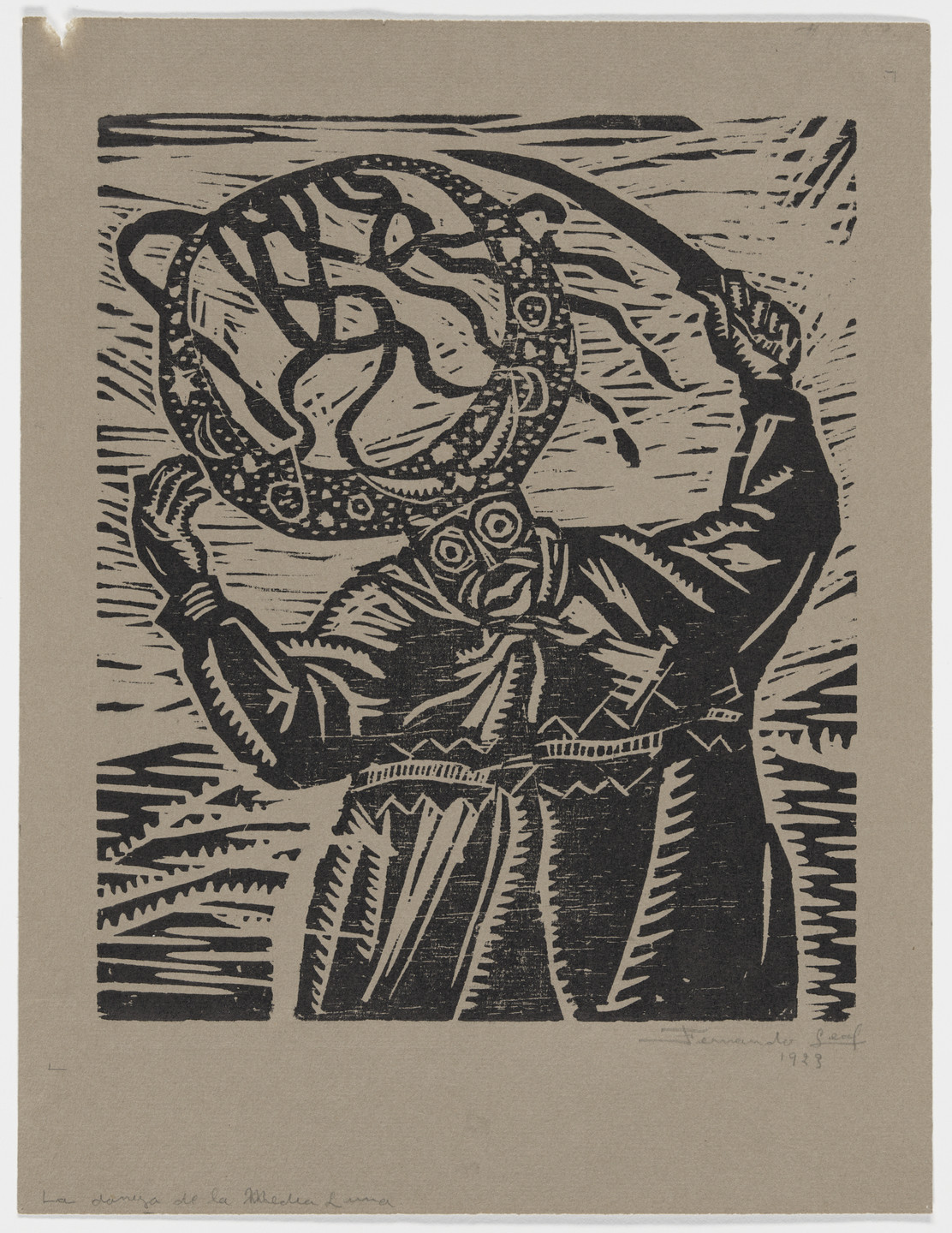 A figure with an intricate headpiece raises one arm, holding a long object, against a beige backdrop with black shapes. The headpiece has circular and wavy patterns. This is an AI generated description. To give feedback, email ai@moma.org.