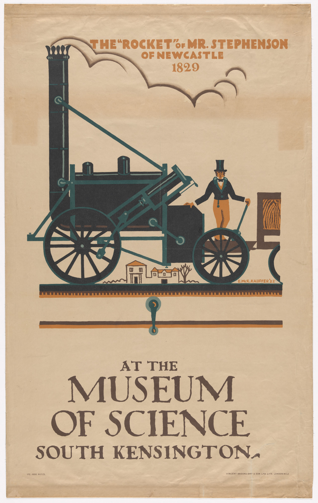 E. McKnight Kauffer. The "Rocket" of Mr. Stephenson of Newcastle, 1829, at the Museum of Science, South Kensington