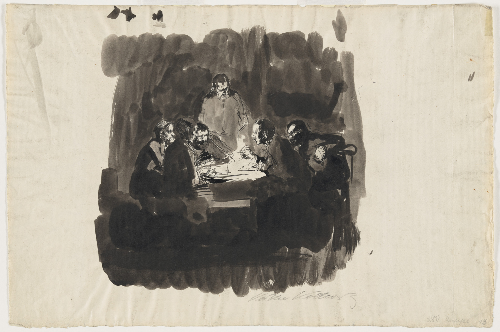 Käthe Kollwitz. Six People at a Table by Lamplight (Sechs Personen an einem Tisch bei Lampenlicht). 1892-93