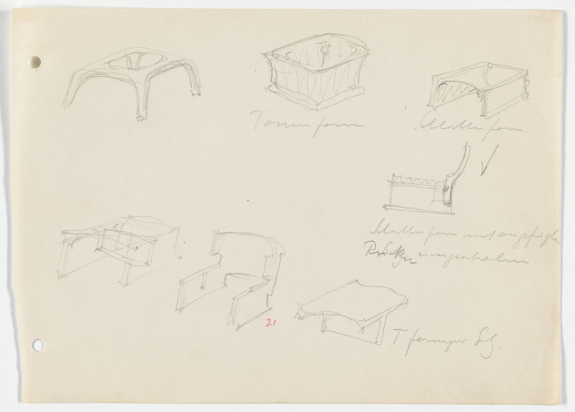 Ludwig Mies van der Rohe. Conchoidal Chair (Elevation, perspective sketches)