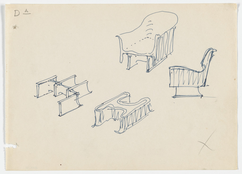Conchoidal Chair with Arms (Perspective sketches, elevation sketch)