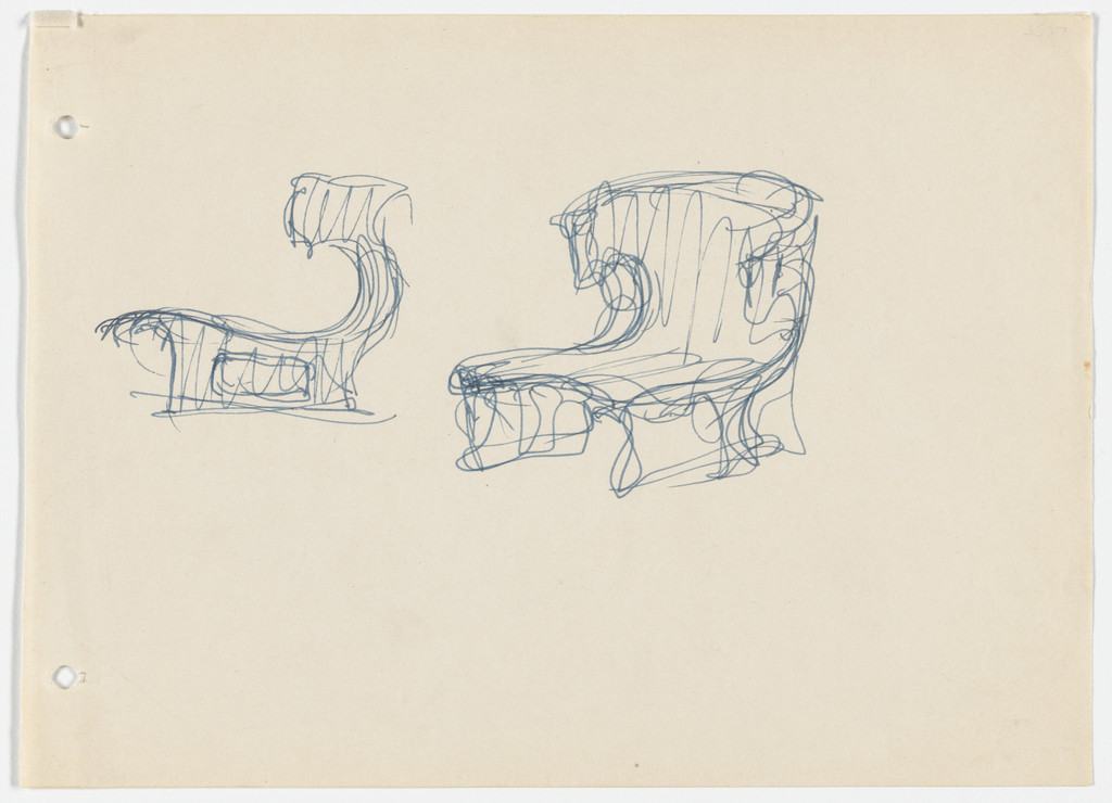 Conchoidal Chair without Arms (Perspective and elevation sketches)