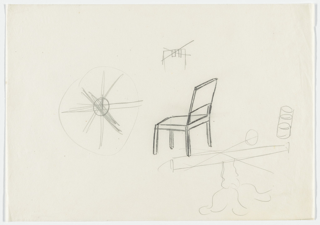Chair. Table. (Perspective sketch. Plan, elevation sketch. Two unidentified detail sketches.)