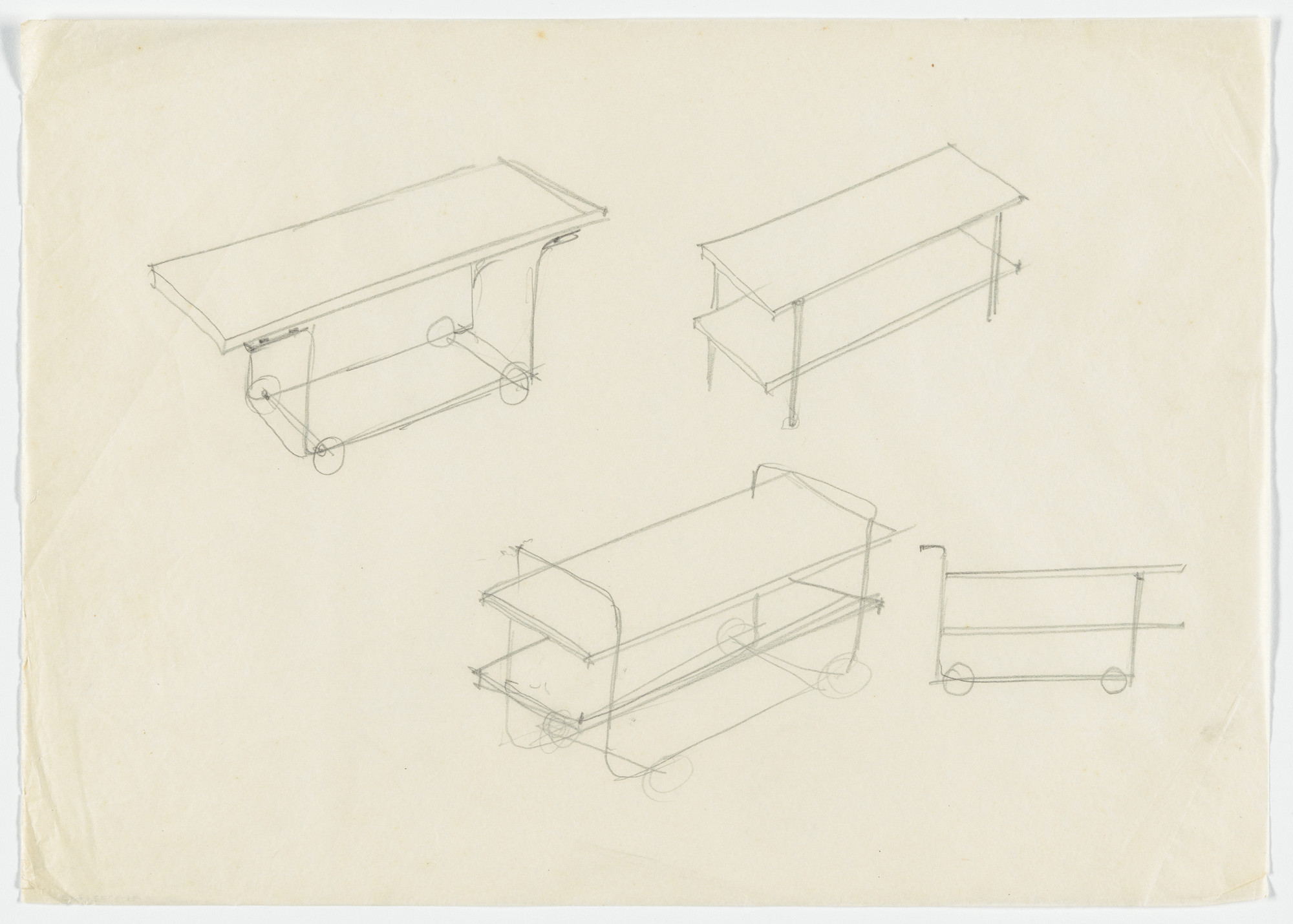 Ludwig Mies van der Rohe. Serving Cart (Perspective sketches, elevation sketch)