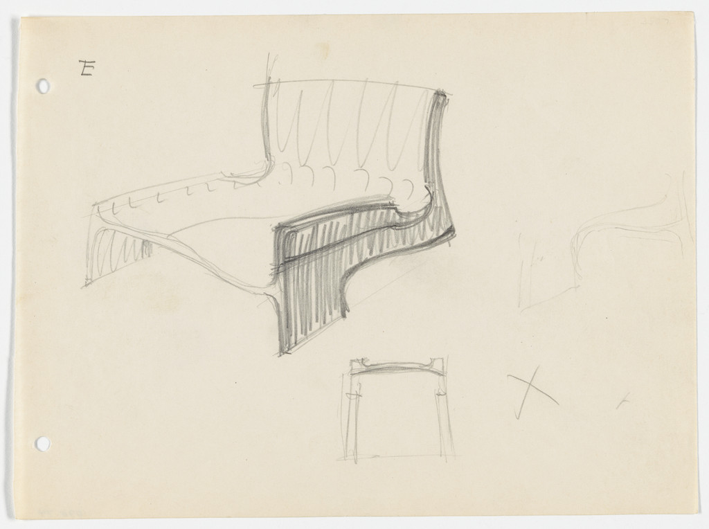Conchoidal Chair with Arms (Perspective sketch, elevation sketches)