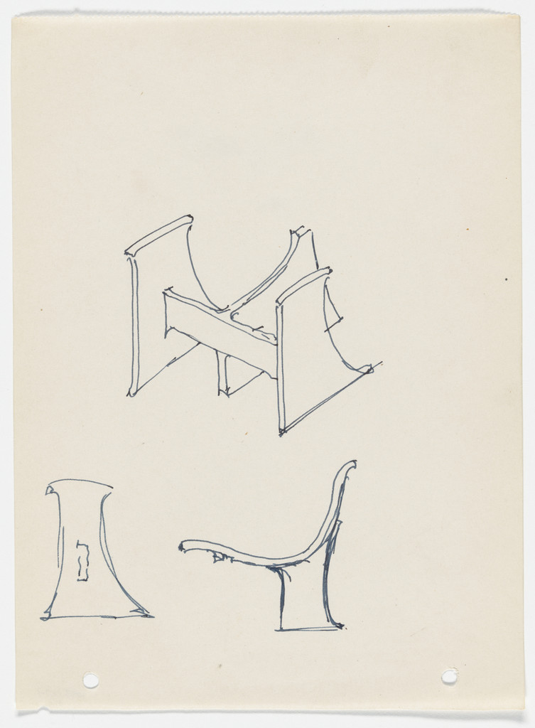 Conchoidal Chair without Arms (Elevation sketches, perspective sketch)