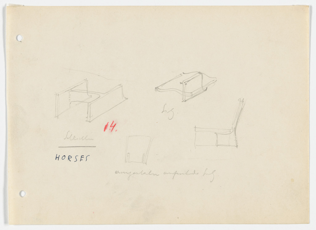 Chair without Arms. Base. (Elevation and perspective sketches)