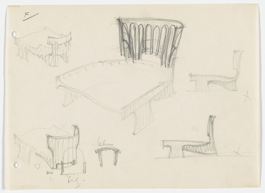 Conchoidal Chair without Arms (Perspective and elevation sketches)