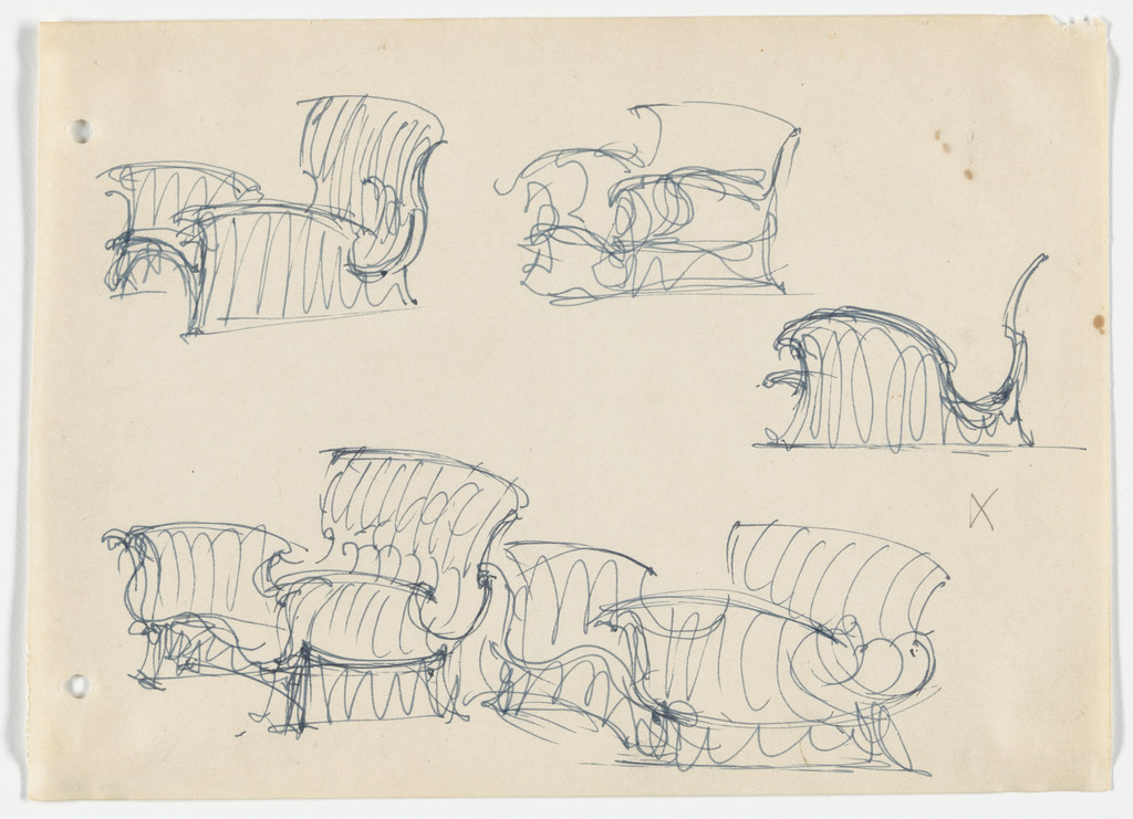 Conchoidal Chair with Arms (Elevation and perspective sketches)