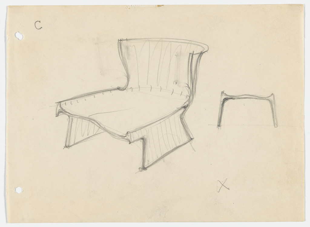Conchoidal chair without arms. Seat. (Perspective and elevation)