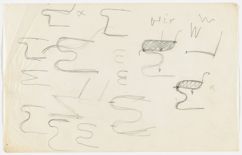 Chair with Arms (Two elevation sketches, numerous detail sketches. [versions of Barcelona Chair].)