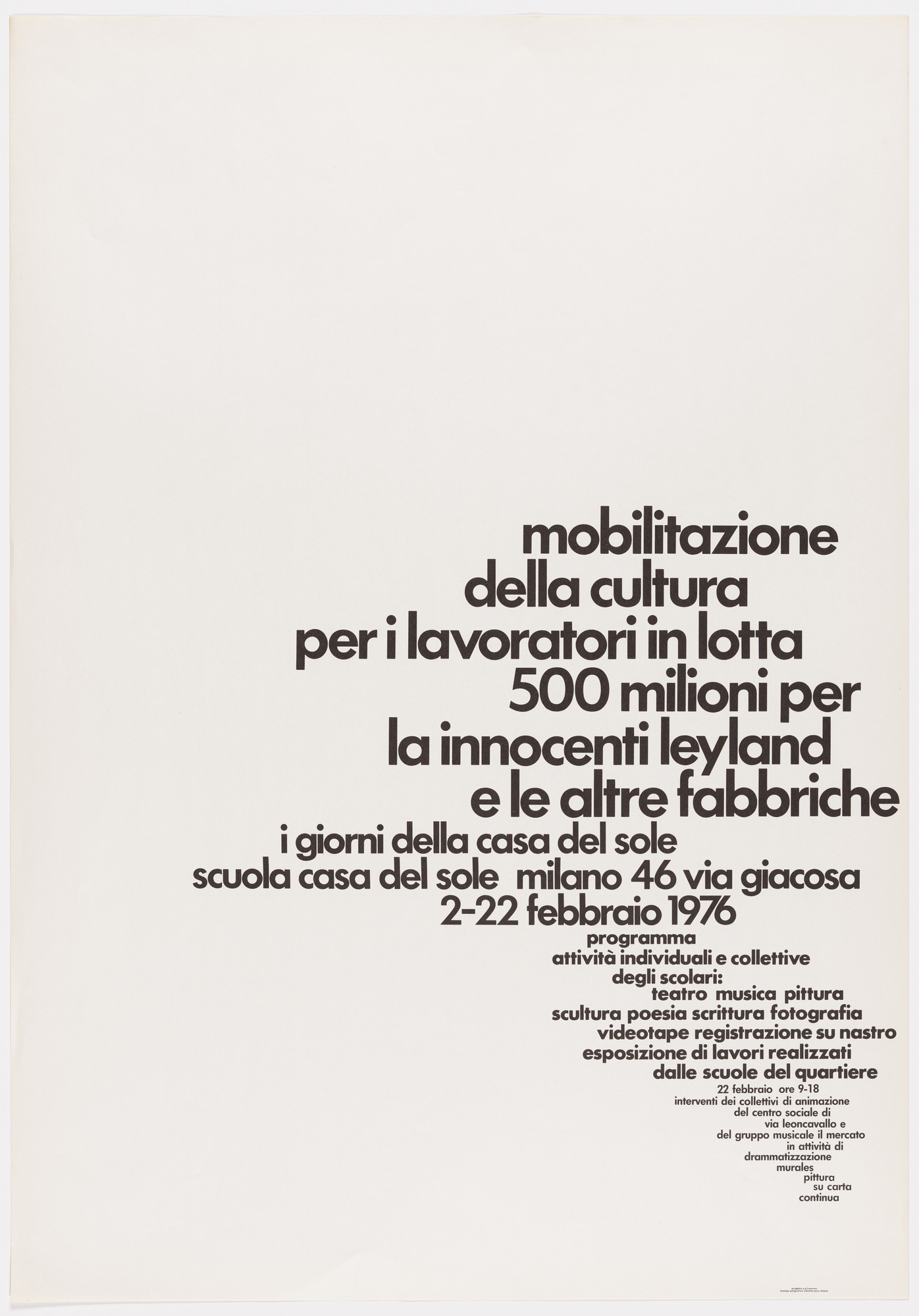 A. G. Fronzoni. Mobilitazione della cultura per i lavoratori in lotta Scuola casa del sole Milano