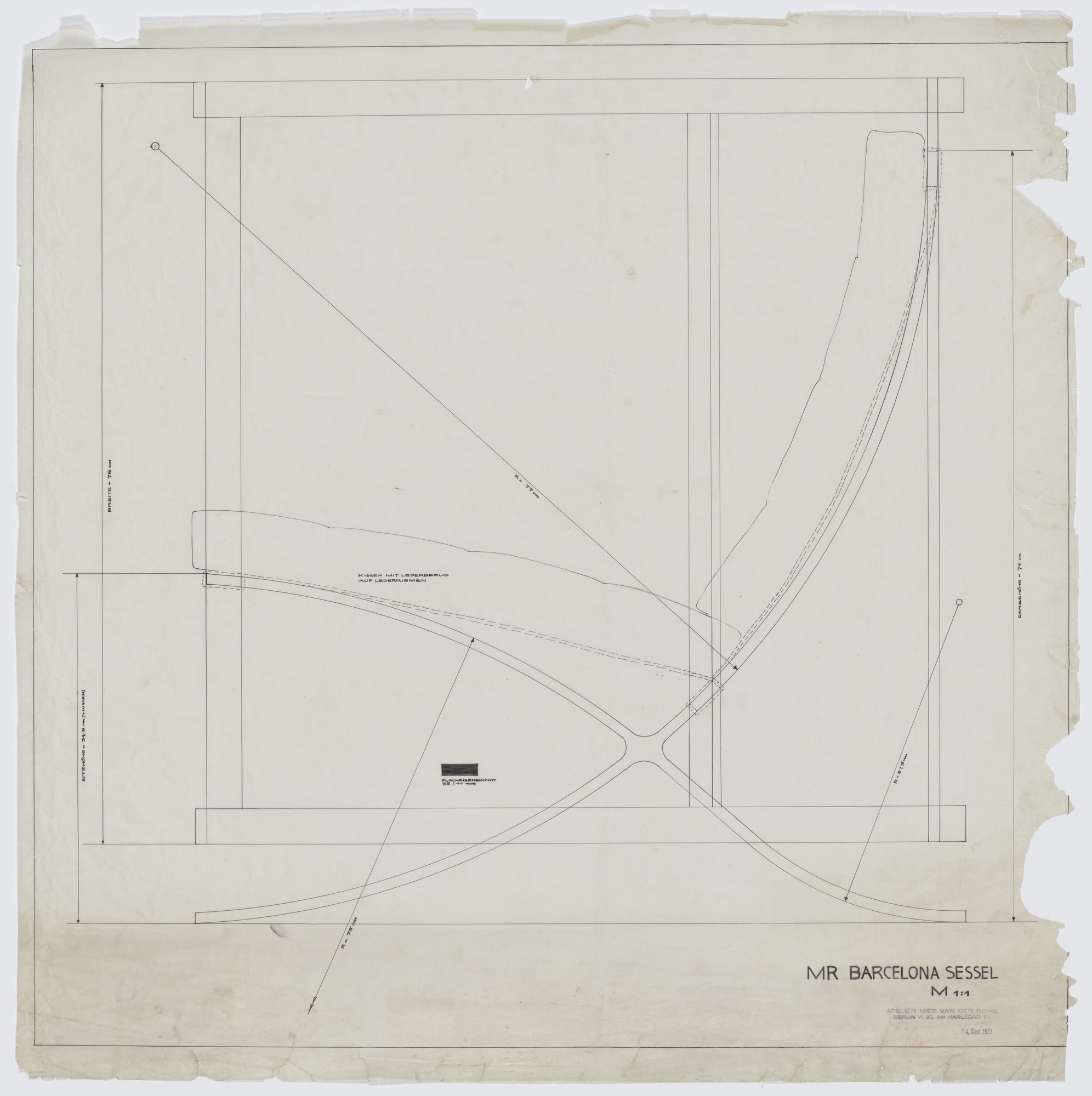 Ludwig Mies van der Rohe. Barcelona chair (Side elevation). 1931
