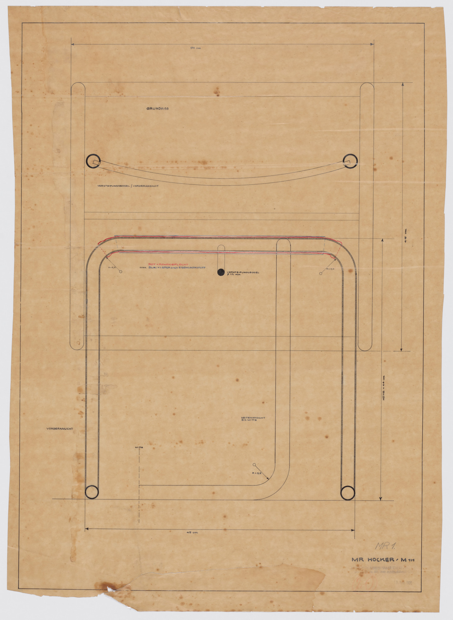 Ludwig Mies van der Rohe. Stool (Plan, sde elevation, detail section)