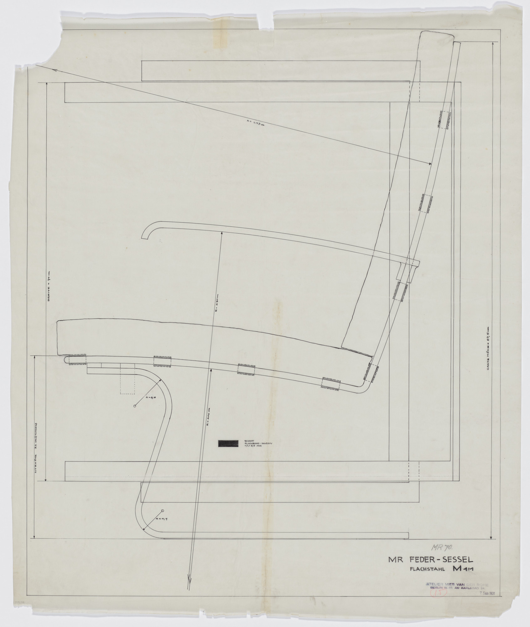 Ludwig Mies van der Rohe. Tugendhat armchair (Side elevation, plan, detail section)