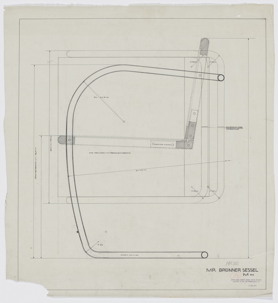 Brno Chair (Side elevation, plan, detail section)