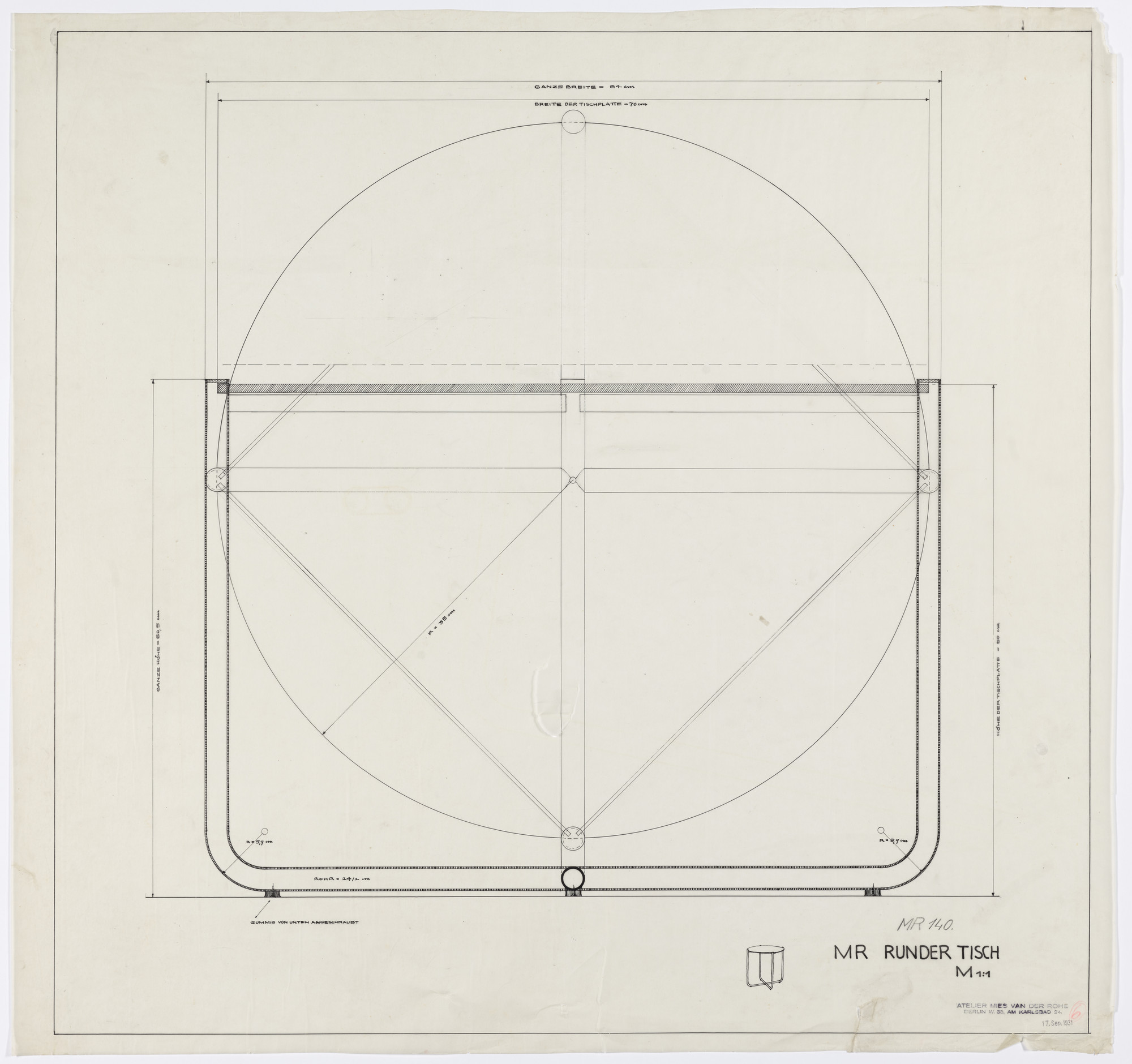 Ludwig Mies van der Rohe. Round table (Plan, elevation, detail section.)