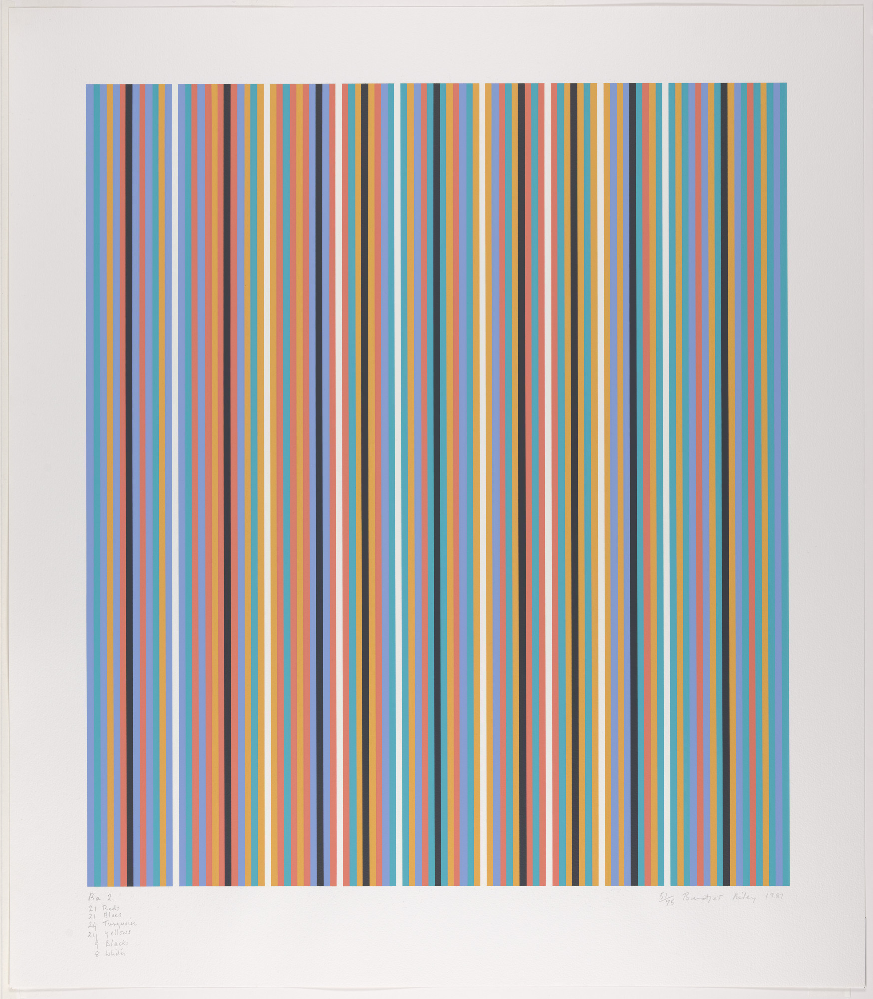 Bridget Riley. Ra 2 (21 Reds, 21 Blues, 24 Turquoises, 24 Yellows, 9 Blacks, 8 Whites)
