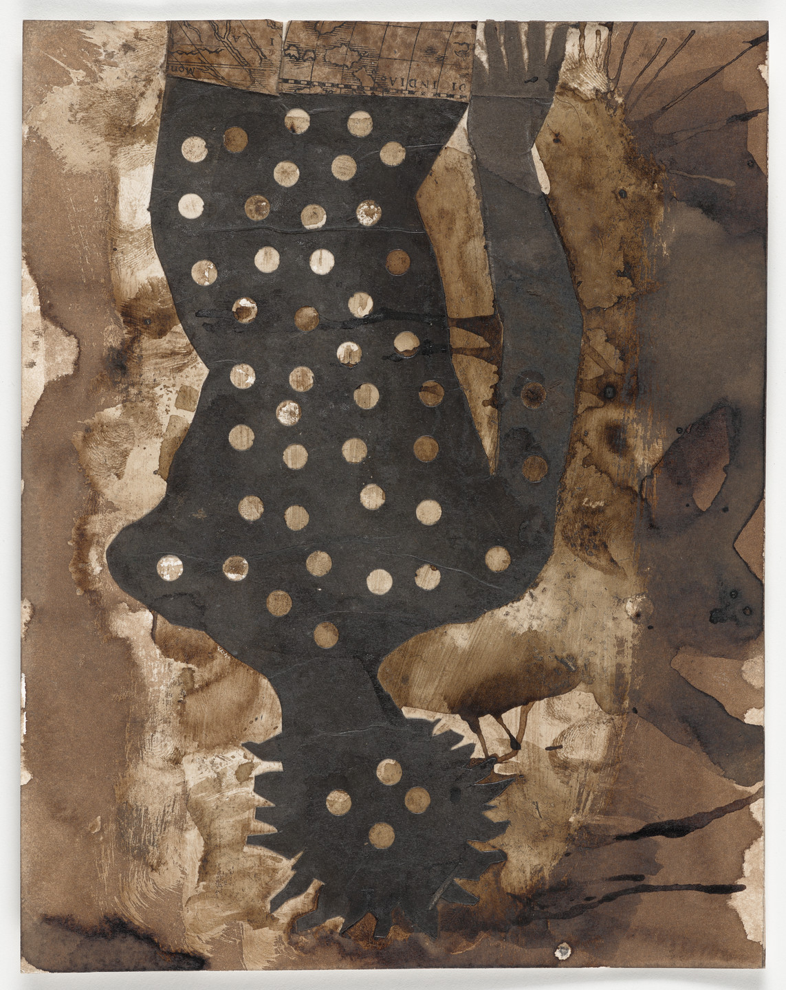 A silhouette with spiky hair, filled with small circular cut-outs, stands against a brown, textured background. The figure is primarily black, while the background has various shades of brown. This is an AI generated description. To give feedback, email ai@moma.org.