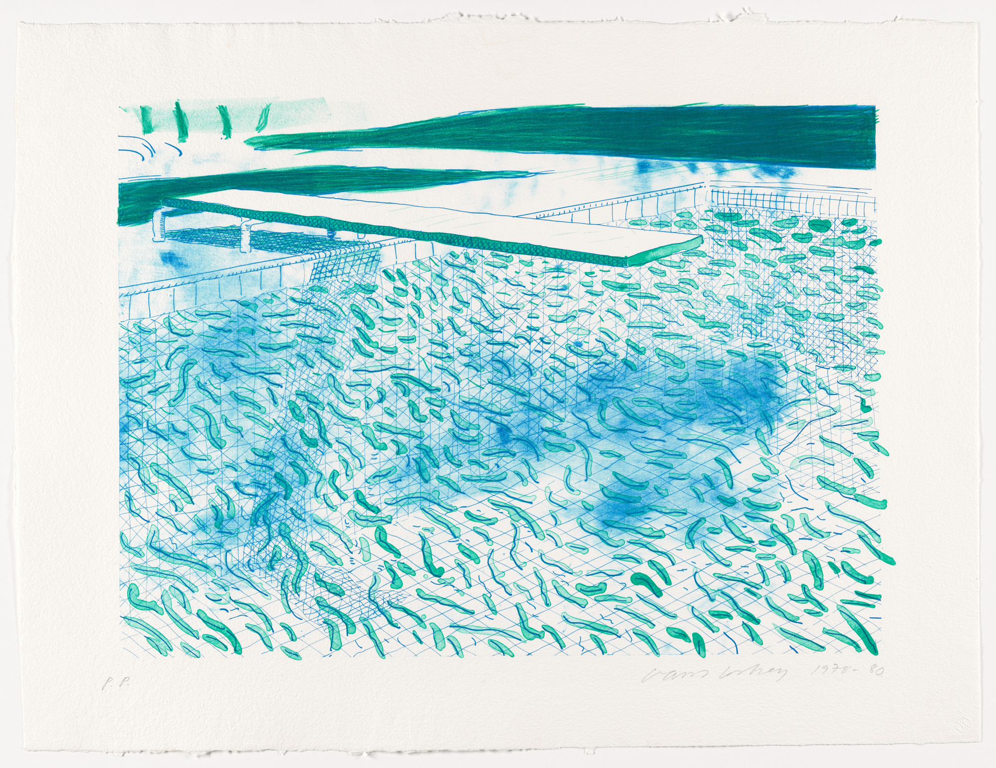 David Hockney. Lithograph of Water Made of Lines and a Green Wash