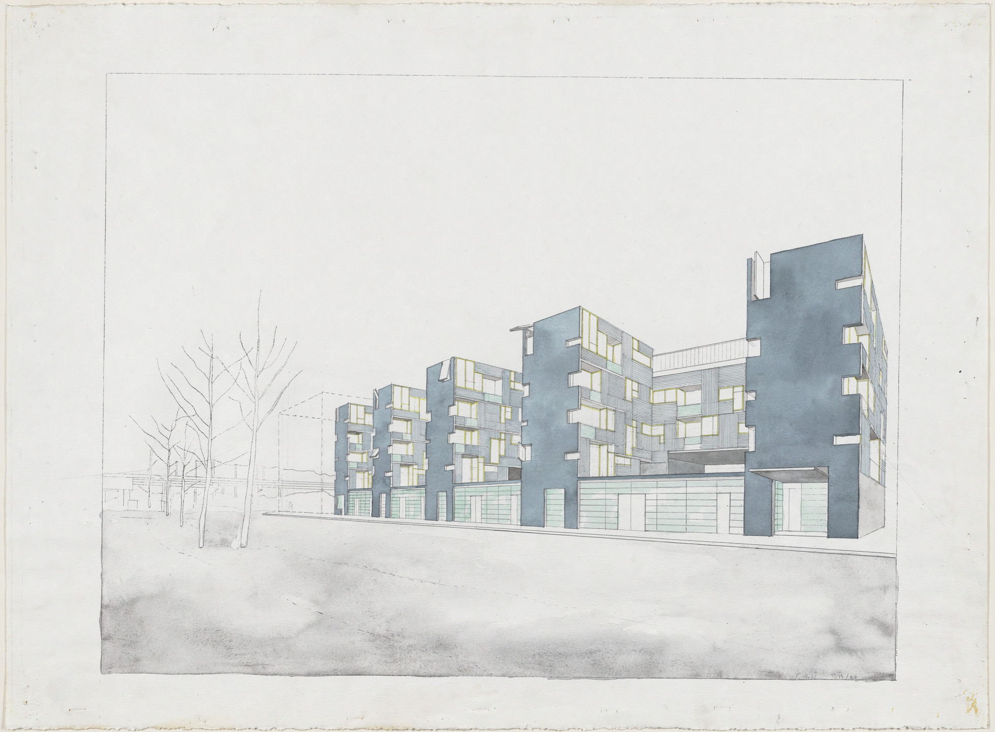 Steven Holl. Void Space/Hinge Space Housing, Fukuoka, Japan, Exterior perspective. 1989