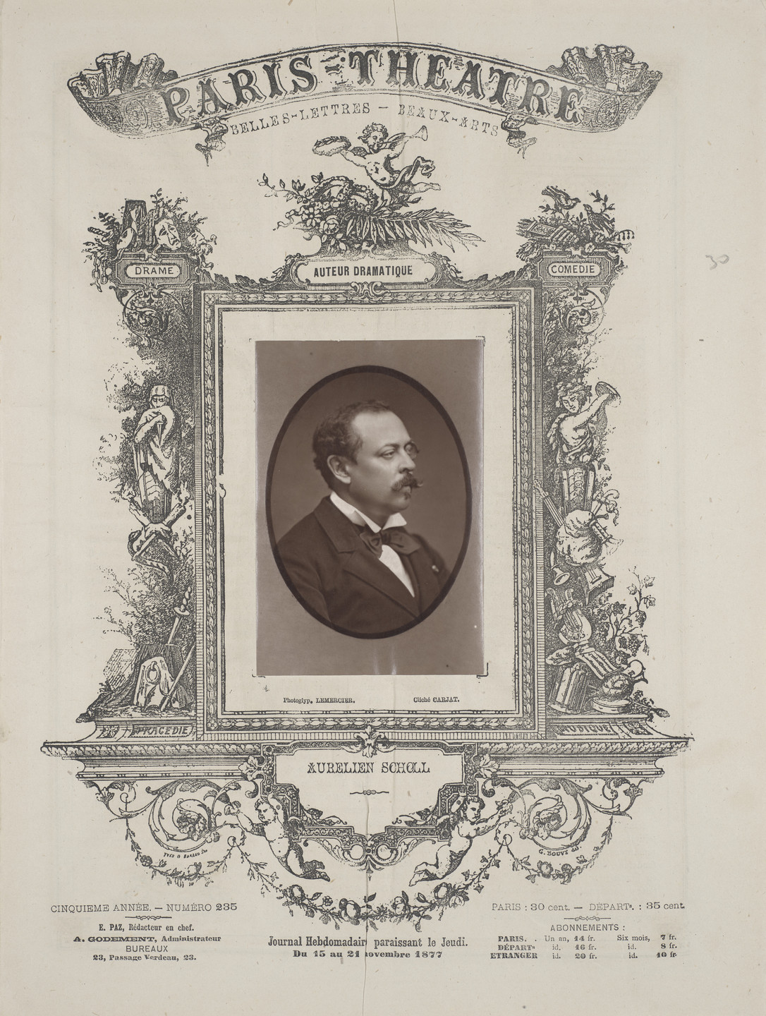 Étienne Carjat. Aurélien Scholl from Paris--Theatre (vol. 5, no. 235), November 15-21, 1877. 1877
