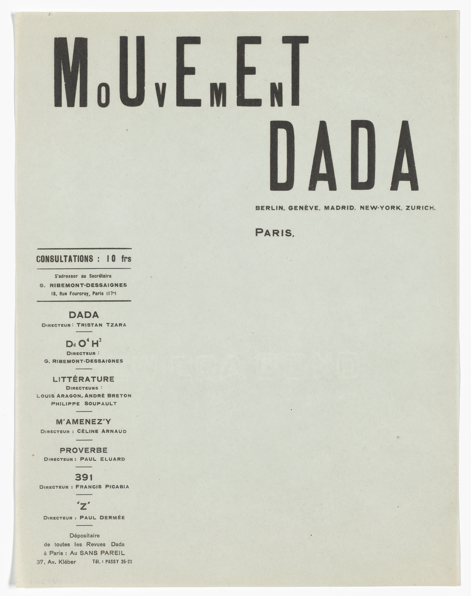 Tristan Tzara. Mouvement Dada letterhead. 1921 | MoMA