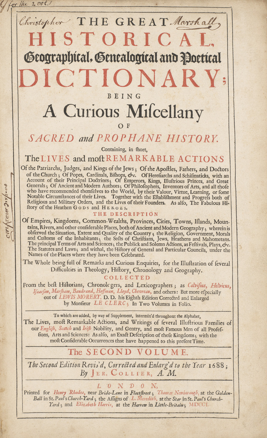 Jeremy Collier. Title page from &#34;The Great Historical, Geographical, Genealogical and Poetical Dictionary&#34;. 1688