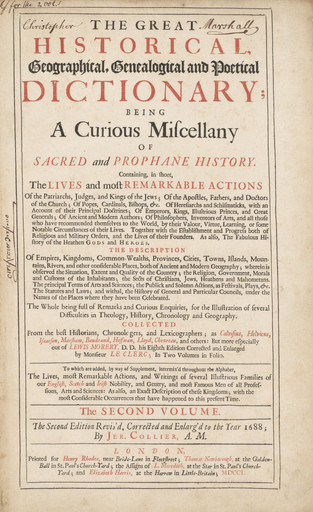 Title page from "The Great Historical, Geographical, Genealogical and Poetical Dictionary"