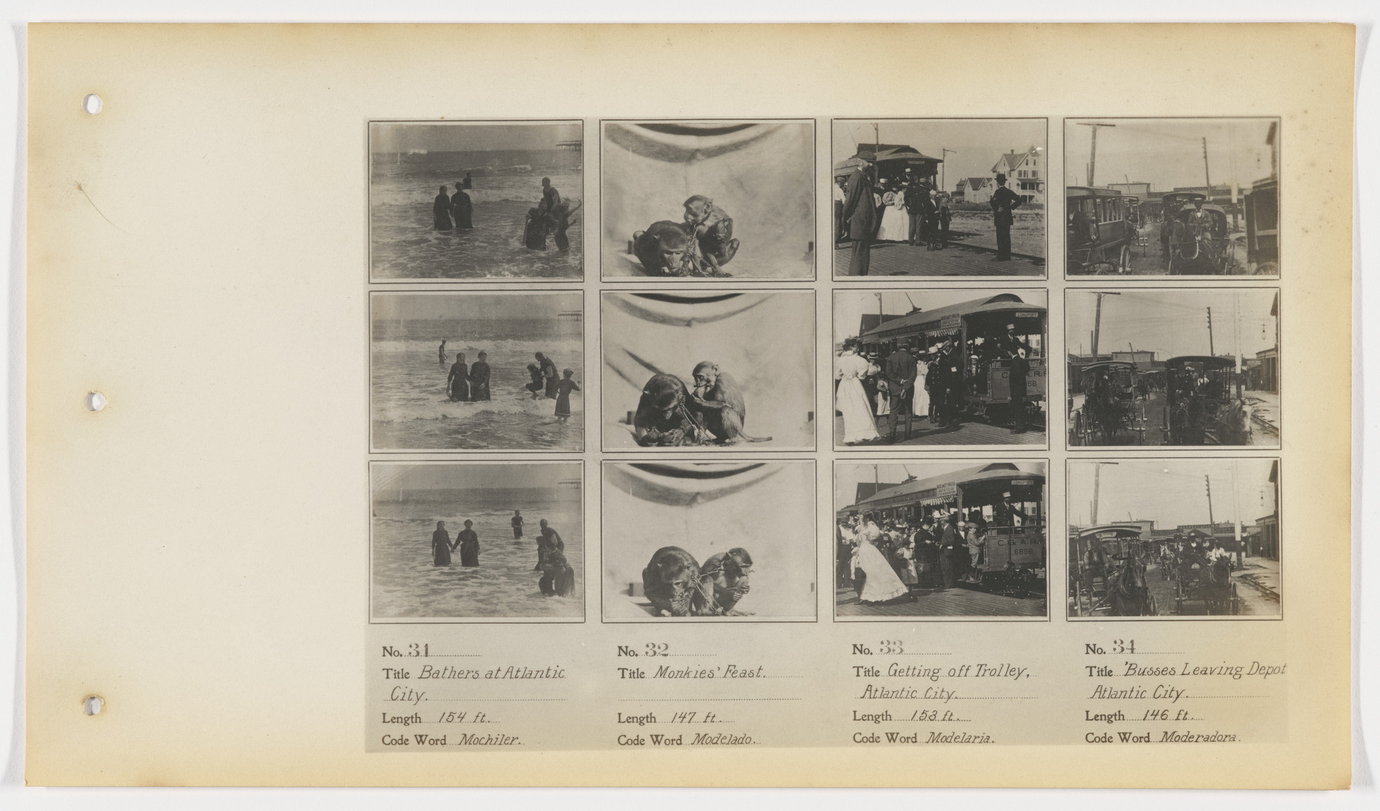 American Mutoscope and Biograph Company. 31. Bathers at Atlantic City 32. Monkies’ Feast 33. Getting off Trolley, Atlantic City 34. Busses Leaving Depot, Atlantic City.