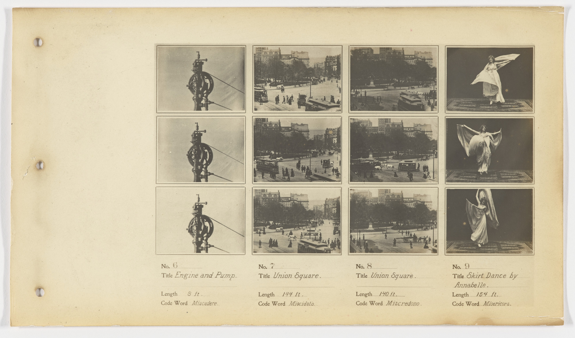 American Mutoscope and Biograph Company. 6. Engine and Pump 7. Union Square 8. Union Square 9. Skirt Dance by Annabelle.