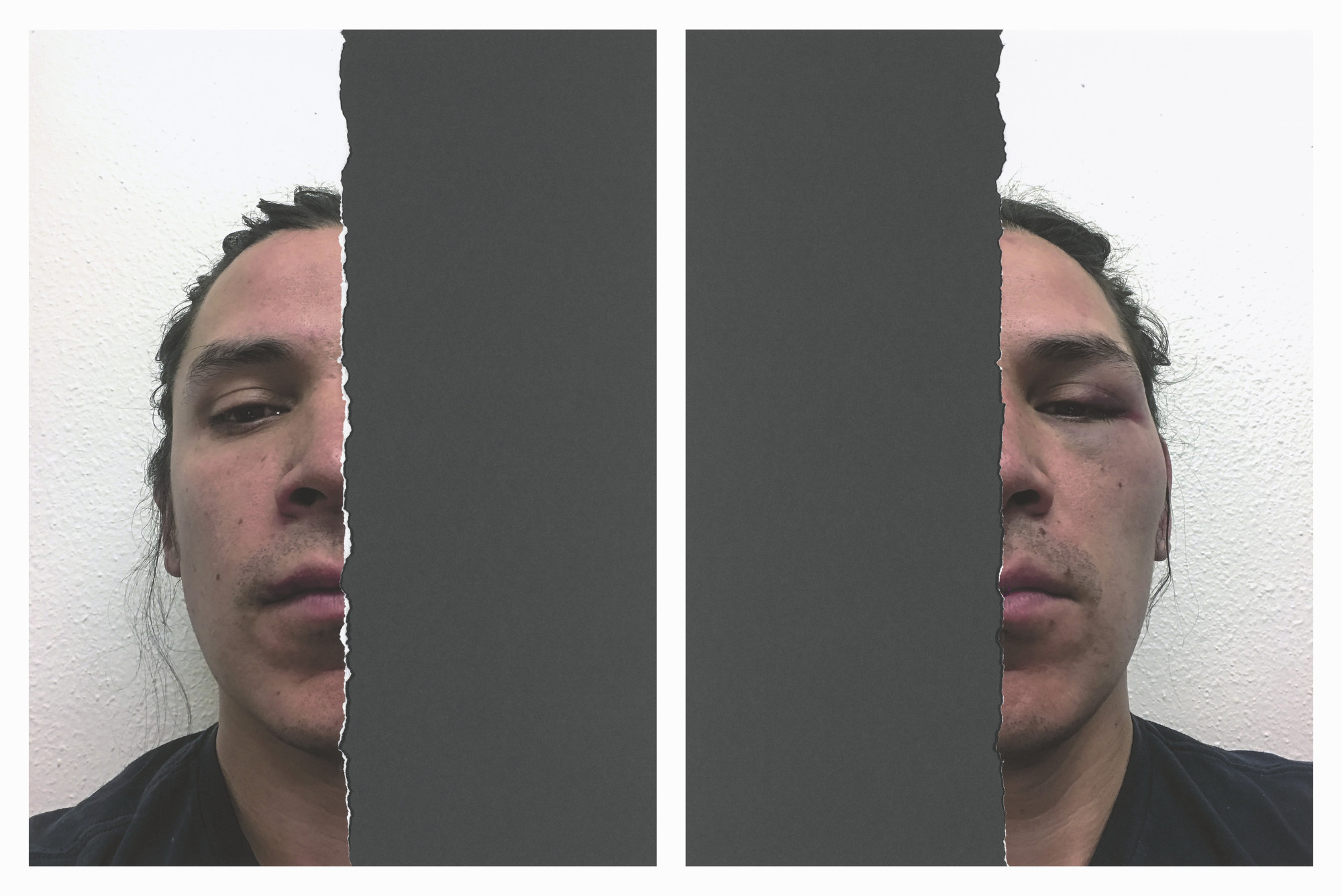 Nicholas Galanin. The violence of blood quantum, half human (animal), half human (animal) after James Luna. 2019