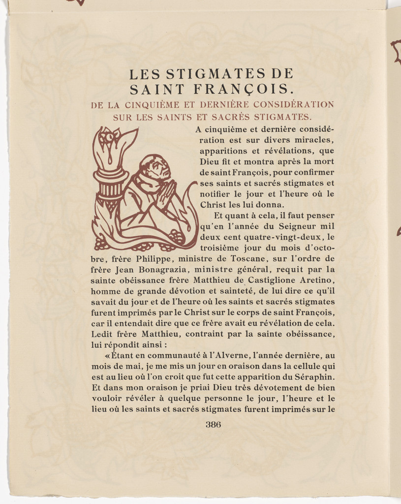 Pictorial initial (page 386) from Les Petites Fleurs de St. François (The Little Flowers of St. Francis)