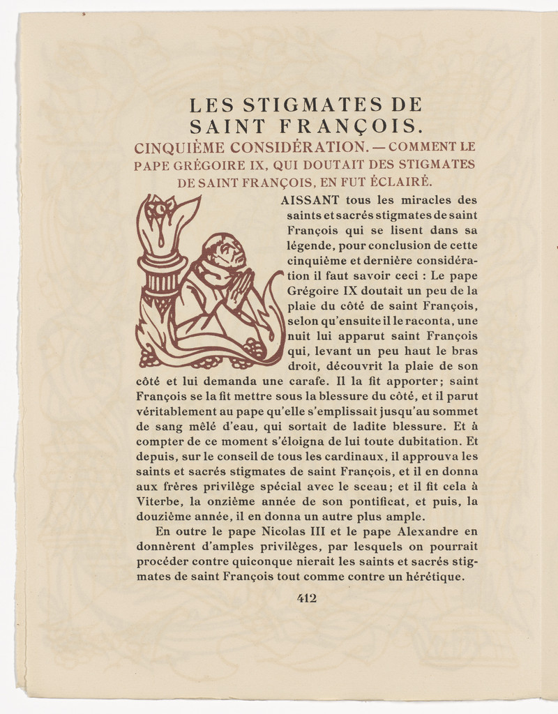 Pictorial initial (page 412) from Les Petites Fleurs de St. François (The Little Flowers of St. Francis)