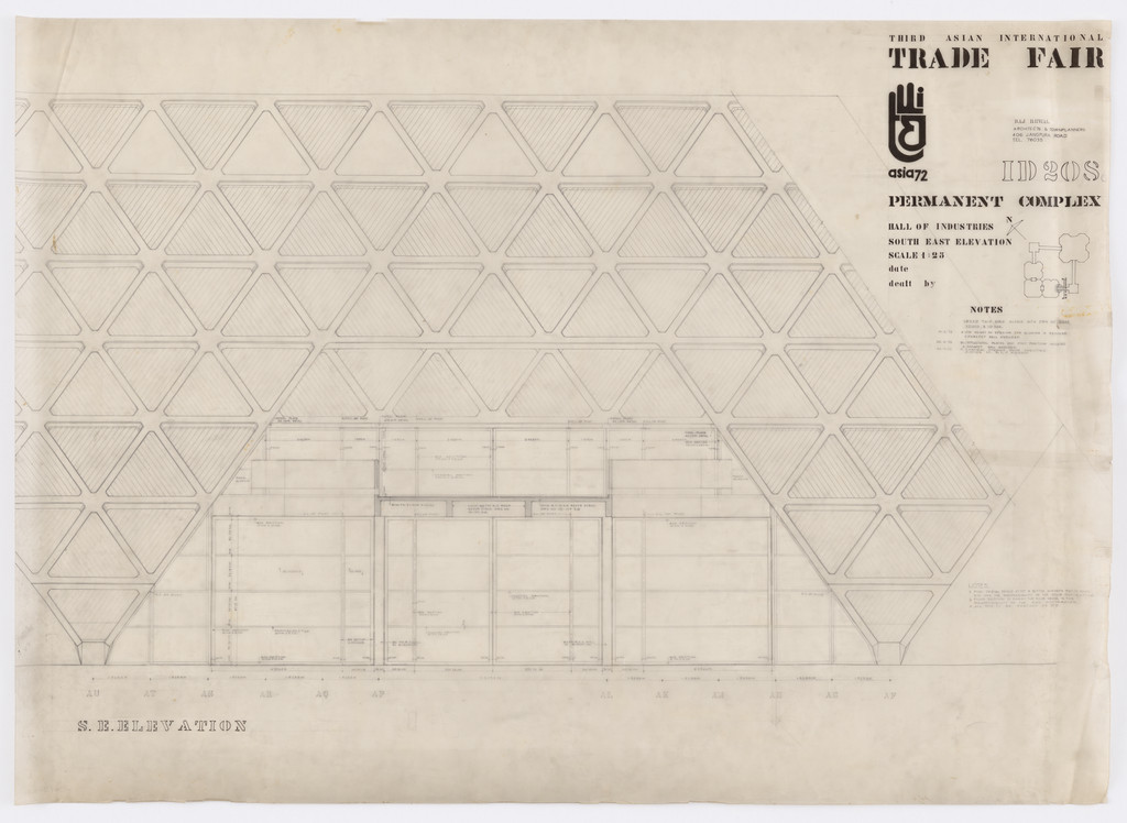 Pragati Maidan: Hall of Nations and Halls of Industries for the India International Trade Fair, New Delhi, India (Elevation), Raj Rewal, 1970