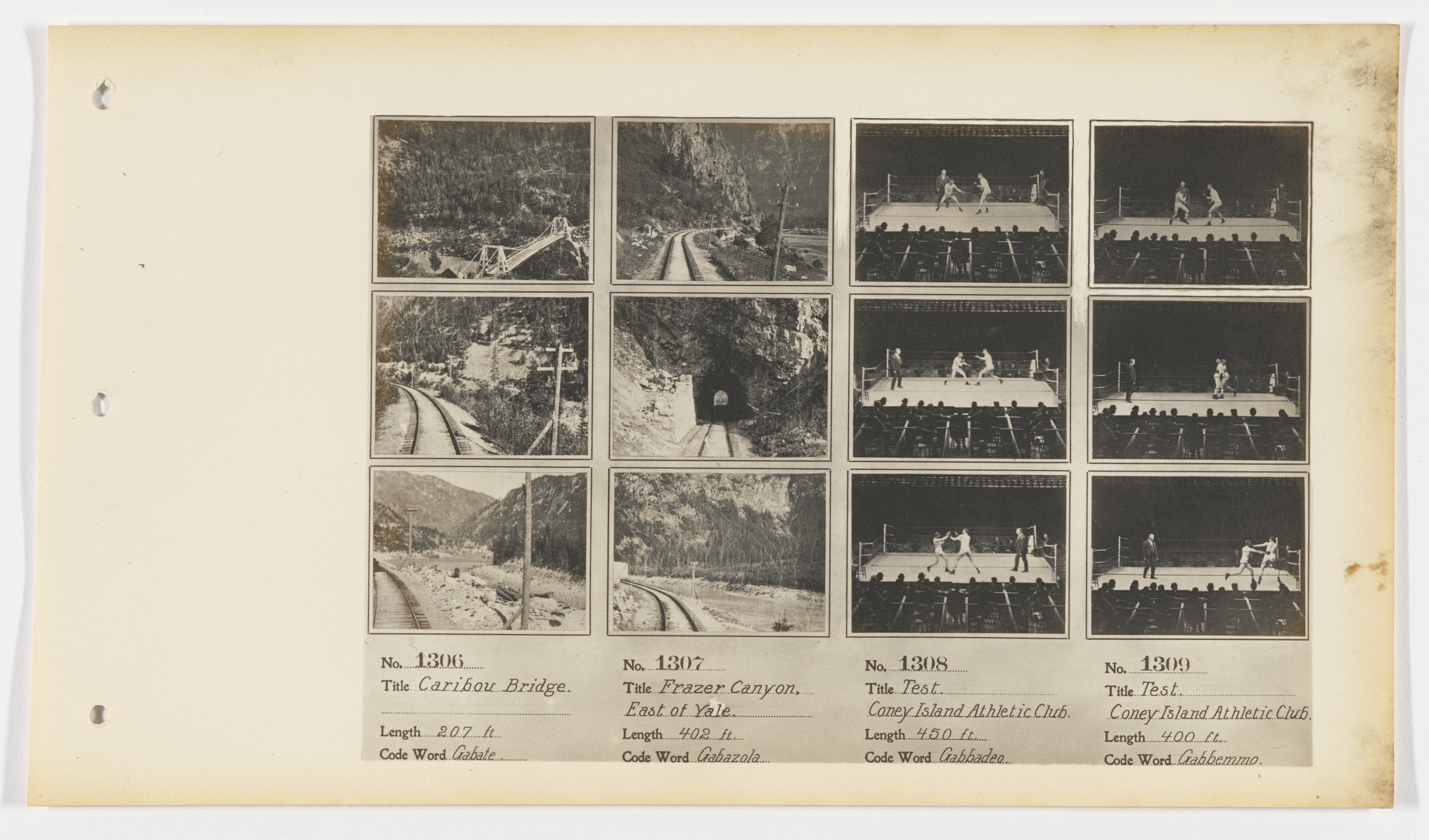 American Mutoscope and Biograph Company. 1306. Caribou Bridge 1307. Frazer Canyon, East of Yale 1308. Test. Coney Island Athletic Club 1309. Test. Coney Island Athletic Club