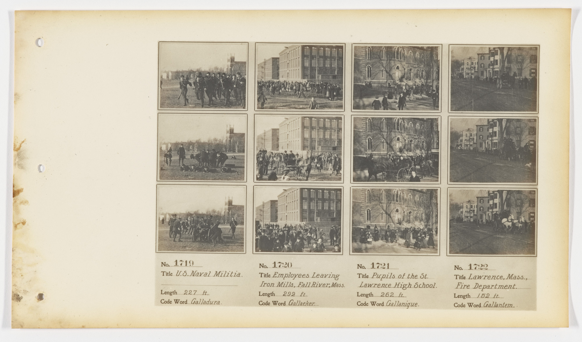 American Mutoscope and Biograph Company. 1719. U. S. Naval Militia 1720. Employees Leaving Iron Mills, Fall River, Mass 1721. Pupils of the St. Lawrence High School 1722. Lawrence, Mass., Fire Department.